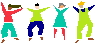 a drawing of four people standing with colorful clothes