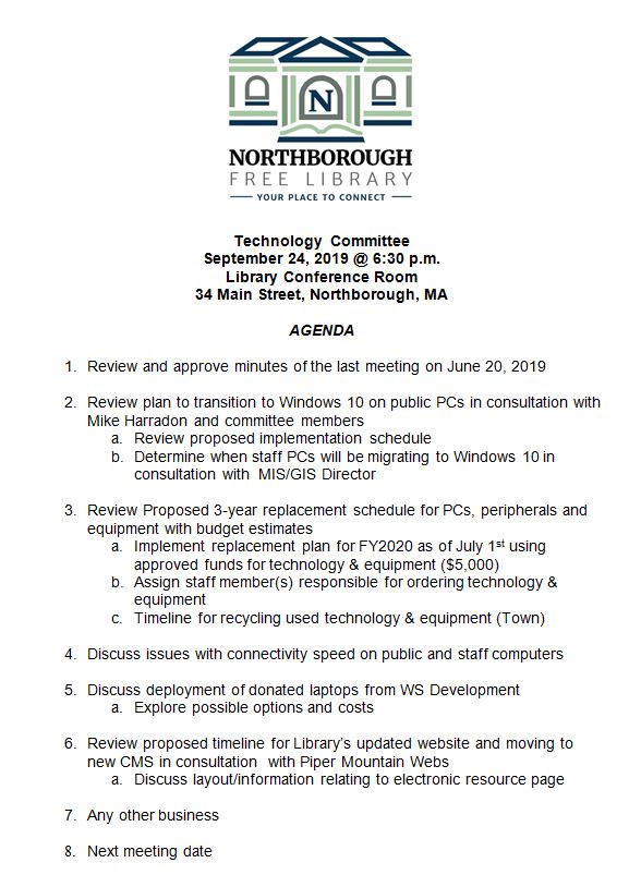 This is the agenda for the september 24, 2019 meeting of the Library's Technology Committee