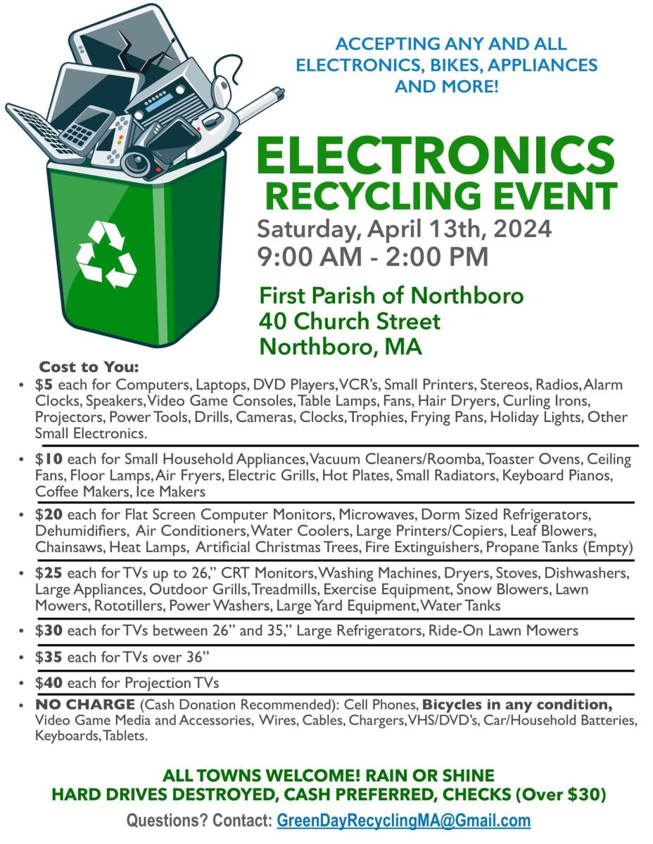 april 13, 2024 northboro electronic recycling event flyer