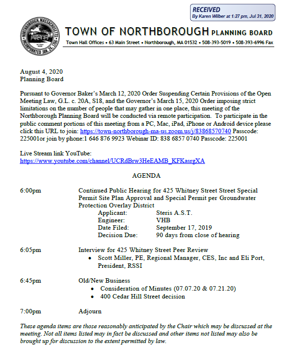 planning board agenda for august 4, 2020 in northborough