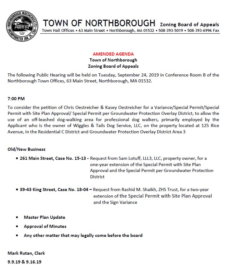 This is an amended agenda for the ZBA, Tuesday, September 24, 2019 meeting
