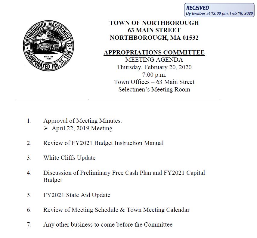 this is the agenda for the february 20, 2020 meeting of northborough's appropriation committee