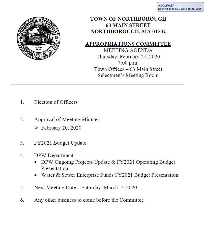 this is the agenda for the february 27, 2020 meeting of Northborough's Appropriations Committee