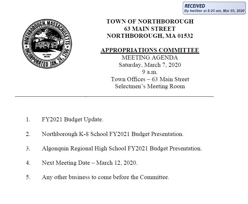 this is the agenda for the 3/7/2020 meeting of northborough's appropriations committee