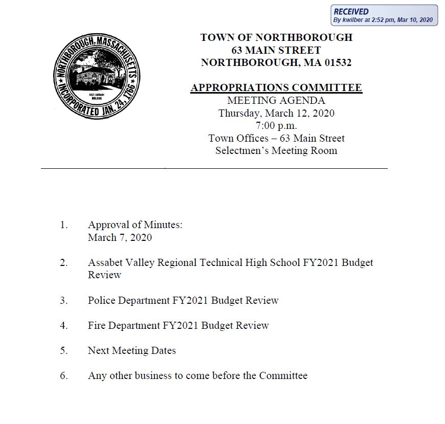 this is the agenda for the march 12, 2020 meeting of northborough's appropriations committee