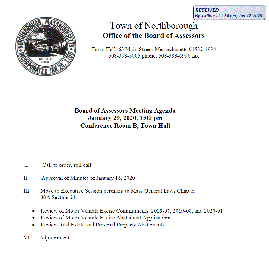 this is the agenda for the january 29, 2020 meeting of the northborough's board of assessors