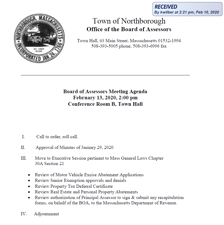this is the agenda for the february 13, 2020 meeting of northborough's board of assessors