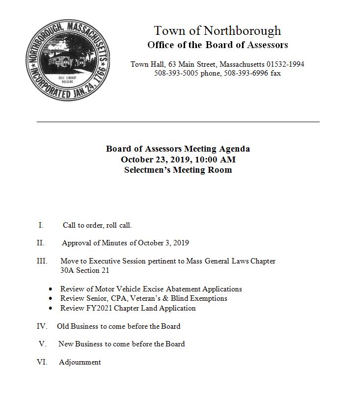 this is the agenda for the october 23, 2019 meeting of the board of assessors in northborough, massachusetts