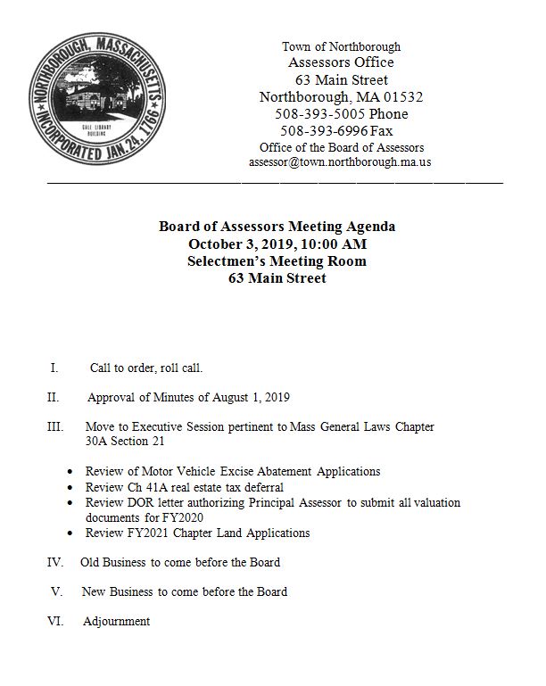 This is the agenda for the October 3, 2019 meeting of the Northborough Board of Assessors