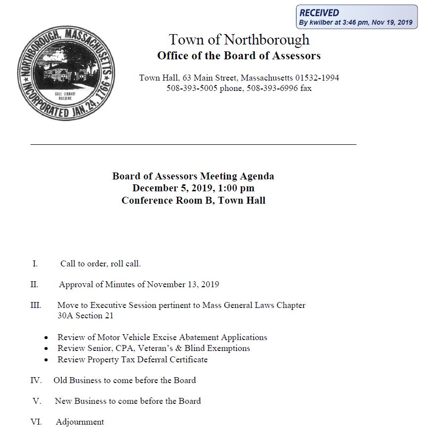 this is the agenda for the 12/05/2019 meeting of the northborough board of assessors