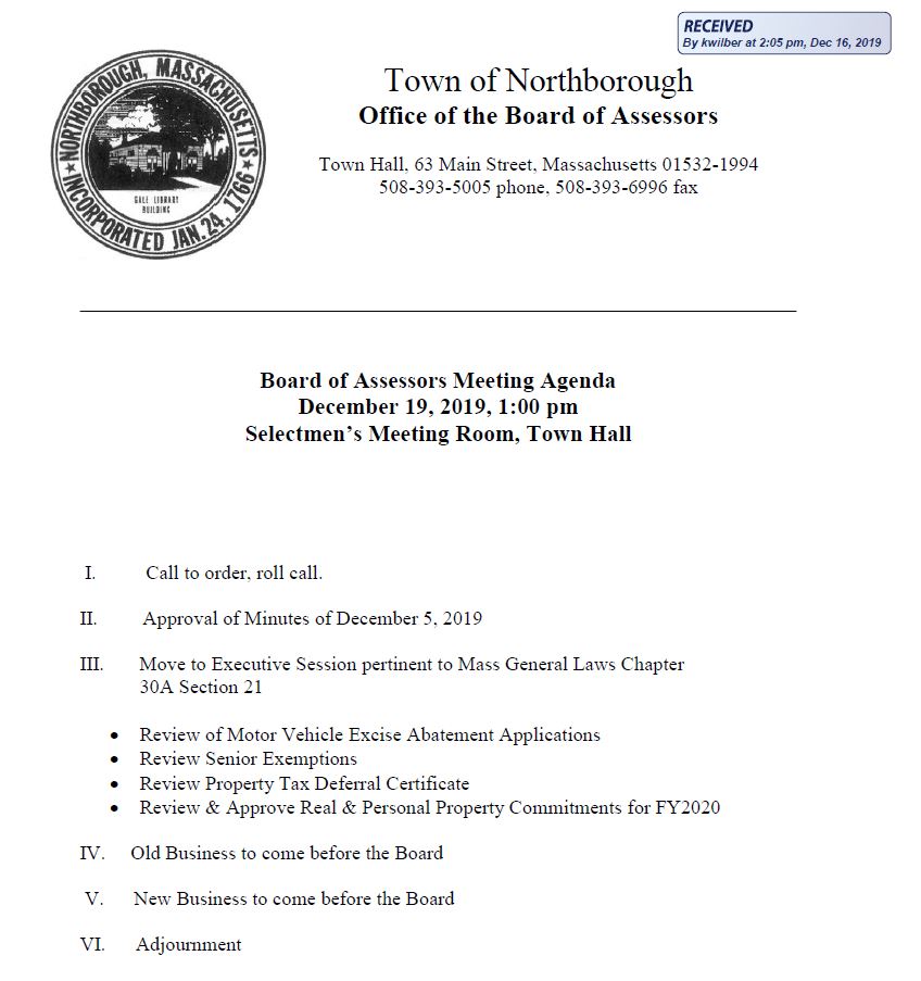 this is the december 19, 2019 agenda for the northborough board of assessors meeting