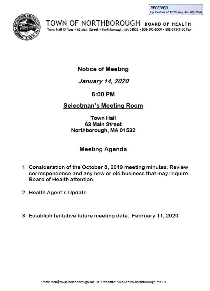 this is the agenda for the january 14, 2020 meeting of the northborough board of health