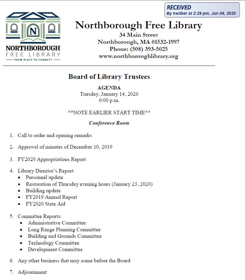 this is the agenda for the january 14, 2020 meeting of the Northborough Board of Library Trustees