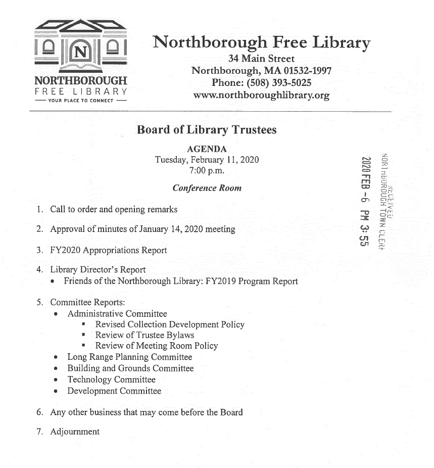 this is the agenda for the february 11, 2020 meeting of the northborough board of library trustees