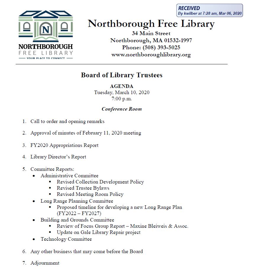 this is the agenda for the 3/10/2020 meeting of northborough's board of library trustees
