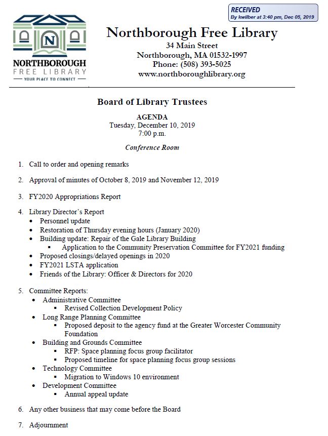 this is the agenda for the december 10, 2019 meeting of the northborough free library's board of library trustees