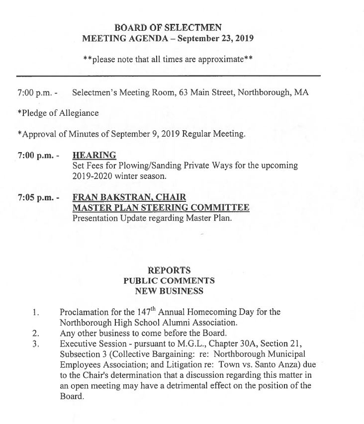 This is the agenda for the monday, september 23, 2019 meeting of the board of selectmen.