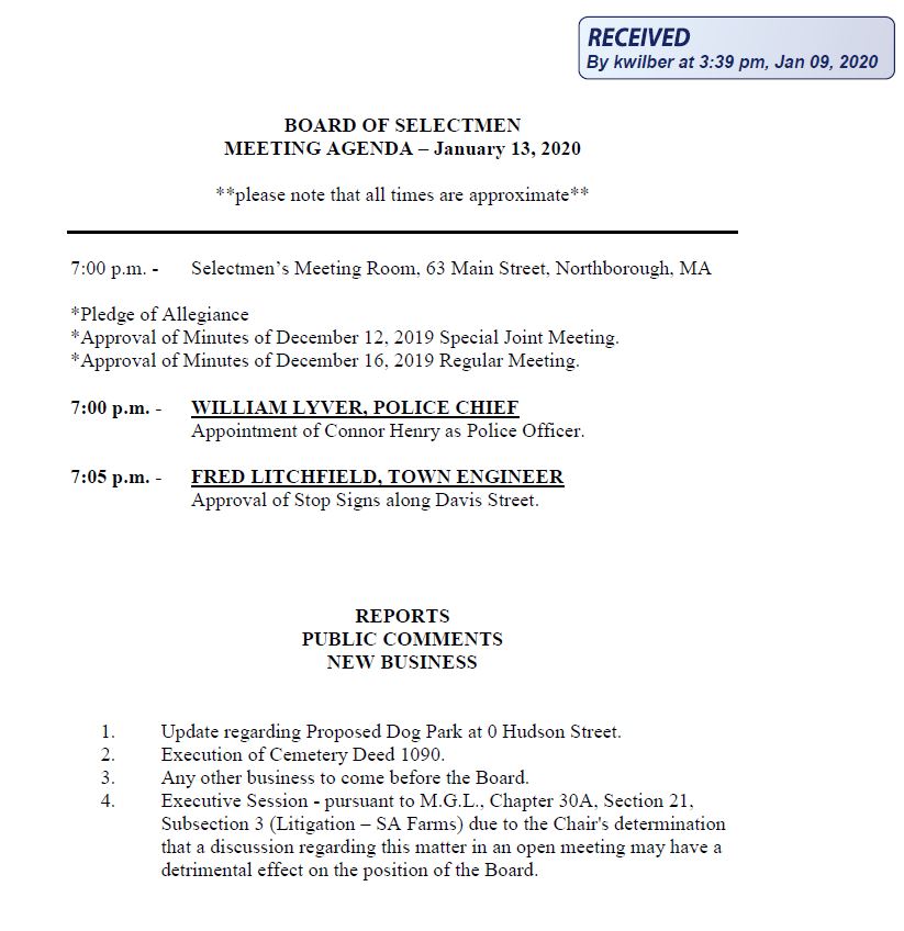 this is the agenda for the january 13, 2020 meeting of the northborough's board of selectmen