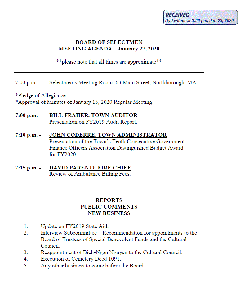 this is the agenda for the january 27, 2020 meeting of the northborough board of selectmen