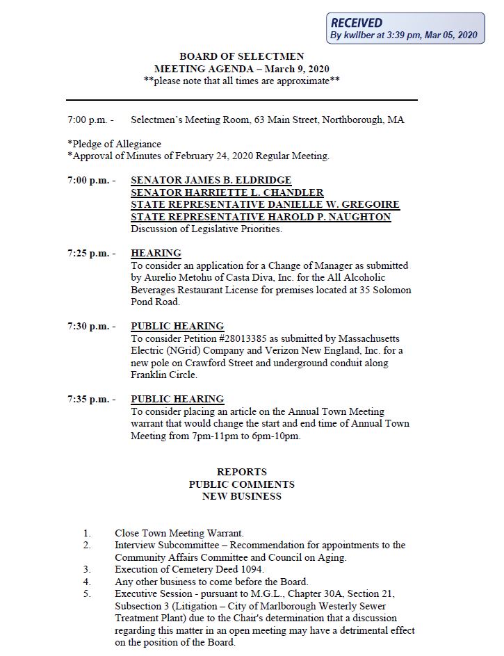 this is the agenda for the 3/9/2020 meeting of northborough's board of selectmen