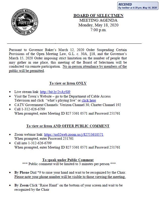 this is page 1 of the may 18, 2020 meeting of the northborough board of selectmen