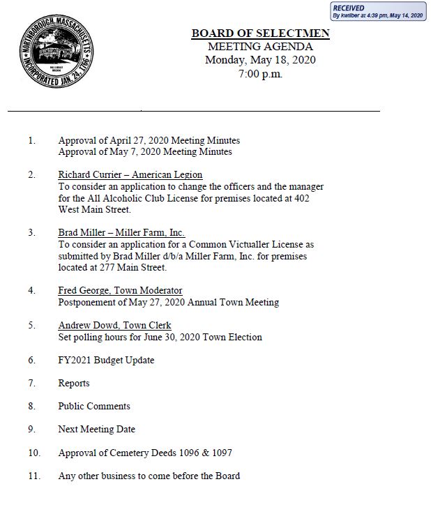 this is page 2 of the may 18, 2020 agenda for the northborough board of selectmen