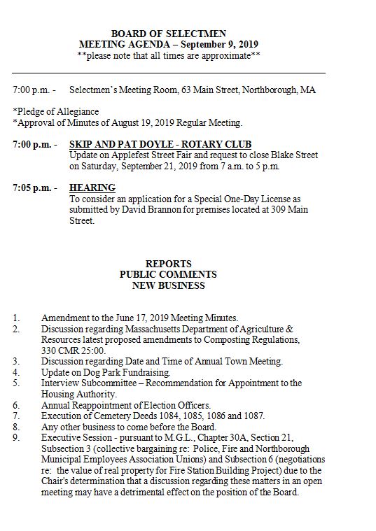 This is the agenda for the Monday, September 9, 2019 meeting of the Board of Selectmen.