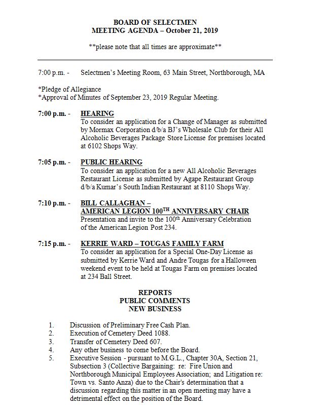 this is the agenda for the october 21, 2019 meeting of the board of selectmen in northborough massachusetts