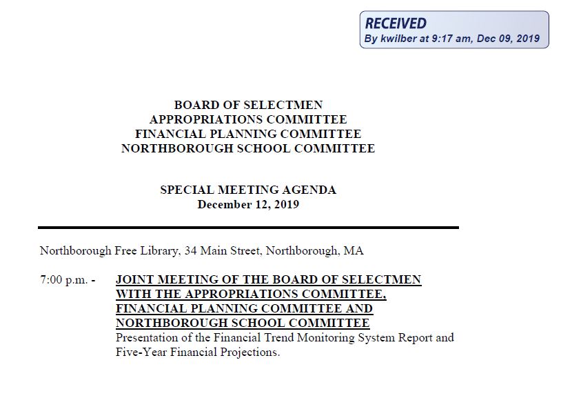 this is the agenda for the december 12, 2019 joint meeting between the board of selectmen, appropriations, financial planning &amp; northborough school committees