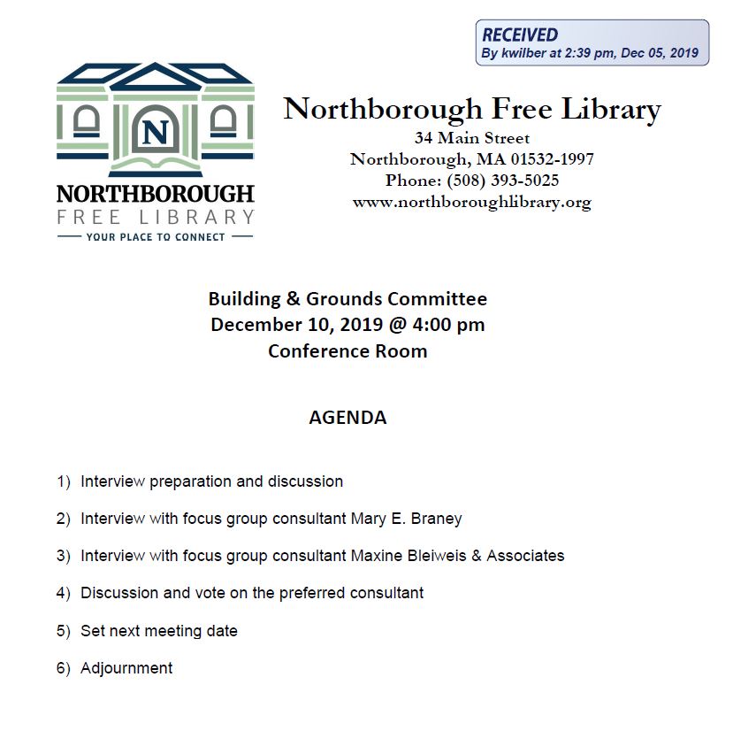 this is the agenda for the december 10, 2019 meeting of the northborough free library's building and grounds committee