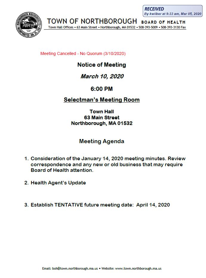 this is the  of agenda for the cancelled due to no quorum 3/10/2020 meetingnorthborough's board of health