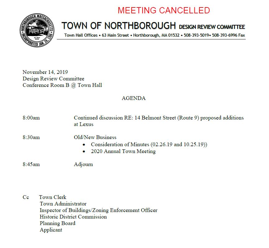 this is the agenda for the cancelled november 14, 2019 meeting of the northborough design review committee
