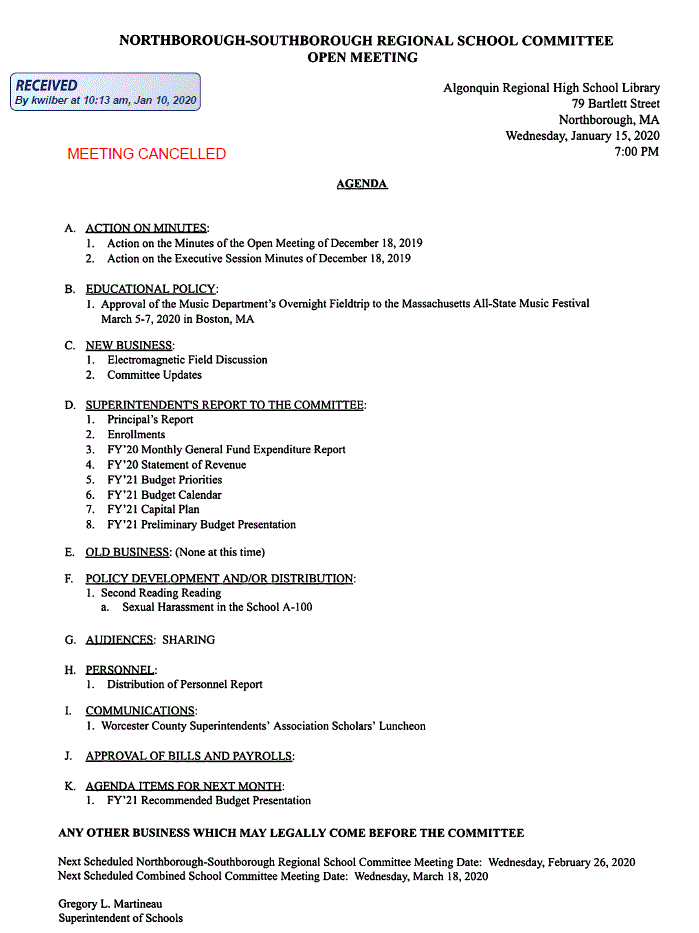 this is an agenda for the cancelled January 15, 2020 meeting of the northborough southborough regional school committee