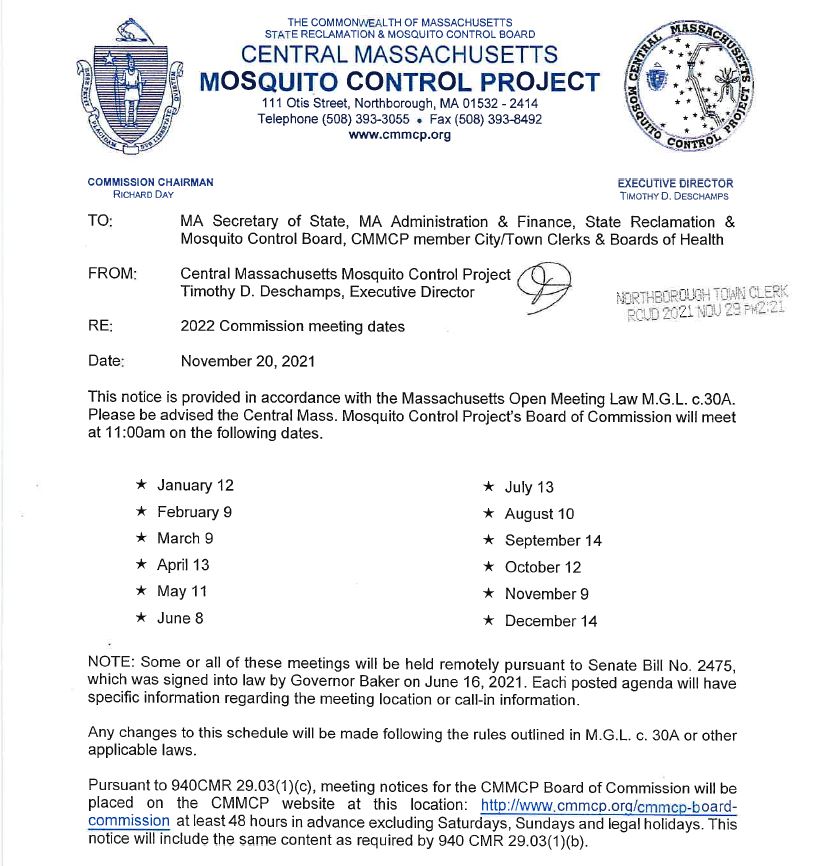 Central Mass Mosquito Control Project 2022 Meeting Dates