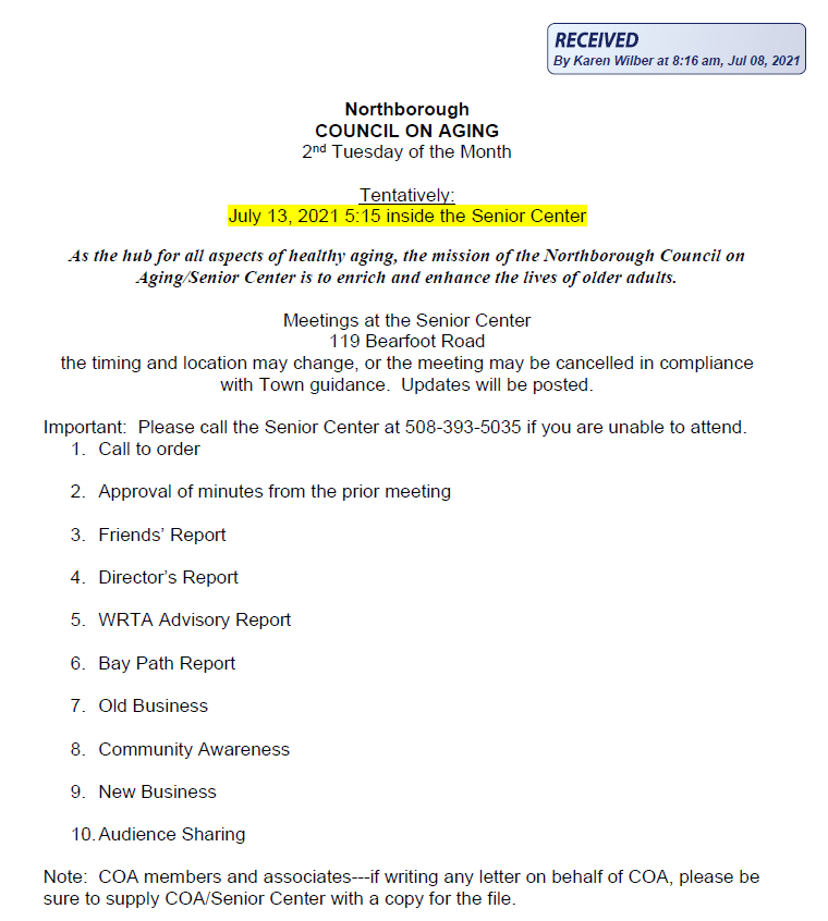 council on aging agenda for the july 13, 2021 meeting