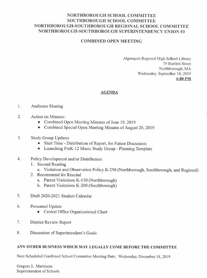 this is the agenda for the september 18, 2019 open meeting of the combined school committees.