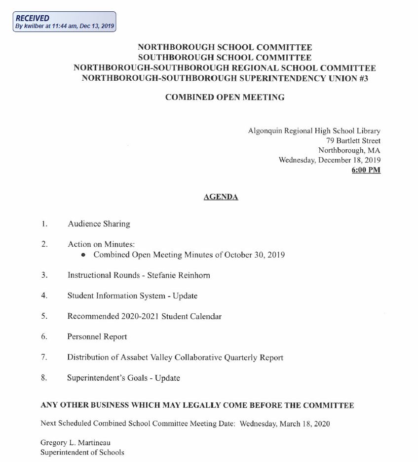 this is the agenda for the december 18, 2019 combined meeting of the regional school committee, northborough &amp; southborough school committees and Norhtborough-Southborough superintendency union #3