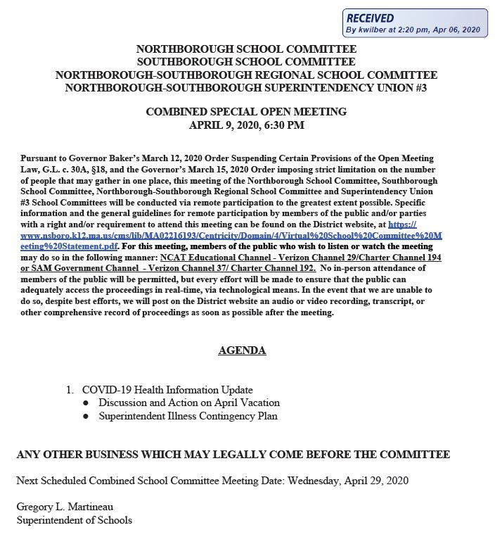 this is the agenda for the april 9, 2020 combined school committees meeting