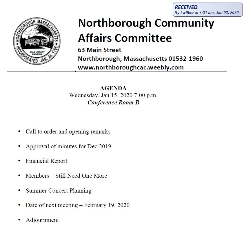 this is the agenda for the 01/15/2020 meeting of the northborough community affairs committee