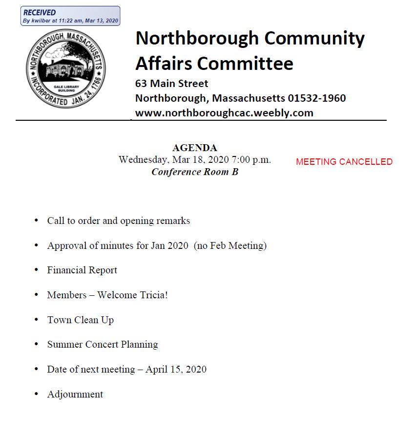 this is the agenda for the cancelled march 18, 2020 meeting of northborough's community affairs committee