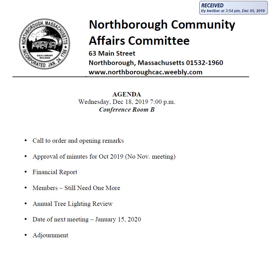 this is the agenda for the december 18, 2019 meeting of the northborough community affairs committee