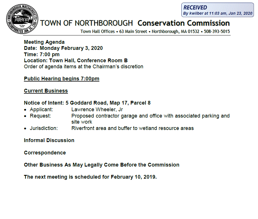 this is the agenda for the february 3, 2020 meeting of the town of northborough's conservation commission