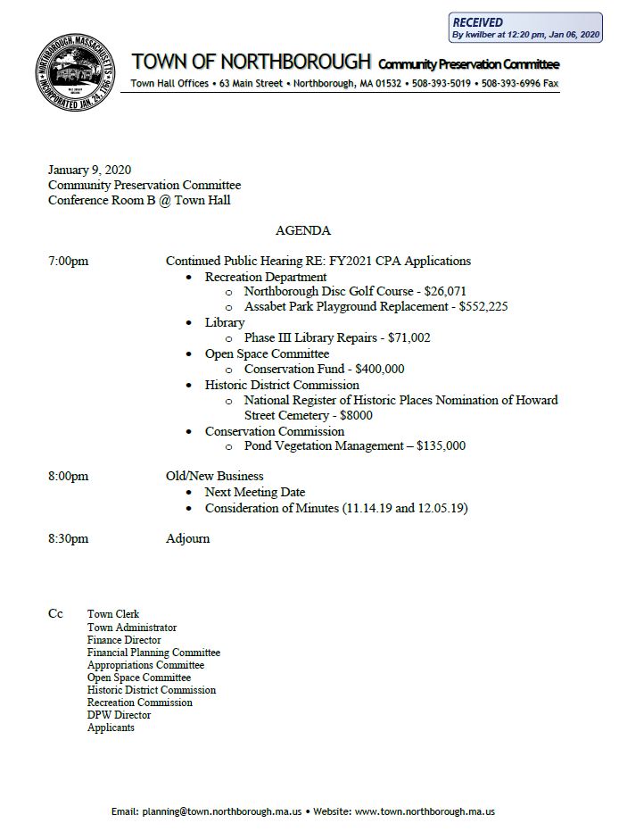 this is the january 9, 2020 agenda for the northborough community preservation committee meeting