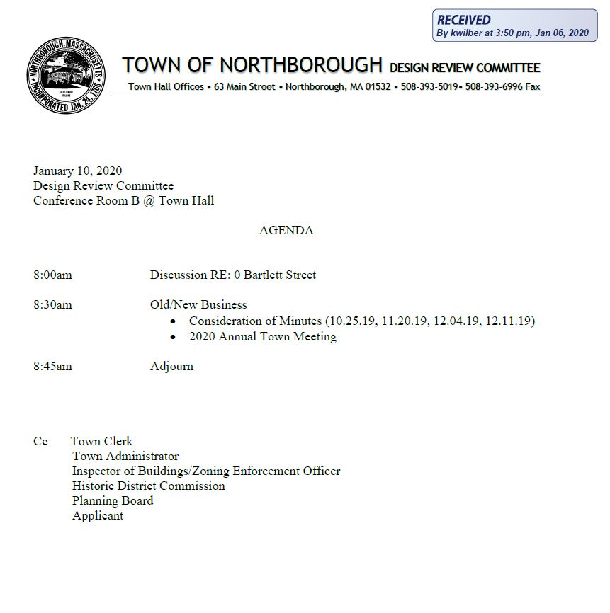 this is the agenda for the 01/10/2020 meeting of the Northborough Design Review Committee
