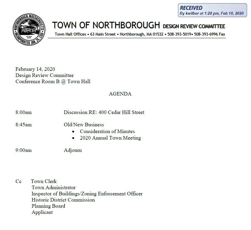 this is the agenda for the february 14, 2020 meeting of northborough's design review committee