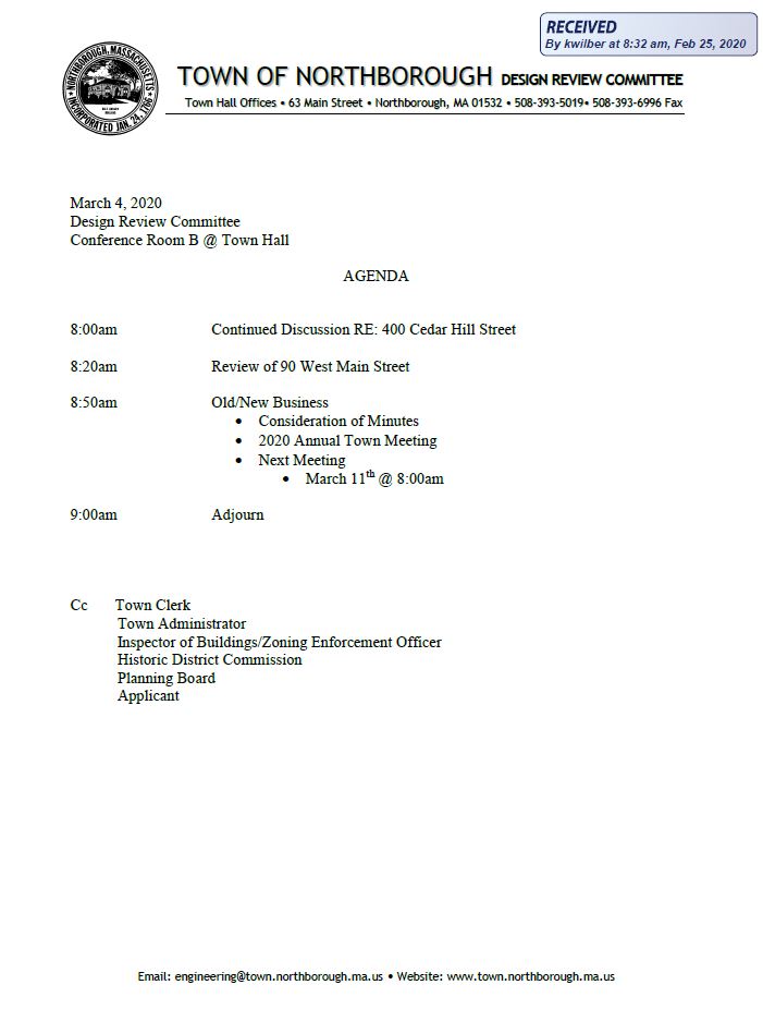 this is the agenda for the march 4, 2020 meeting of northborough's design review committee