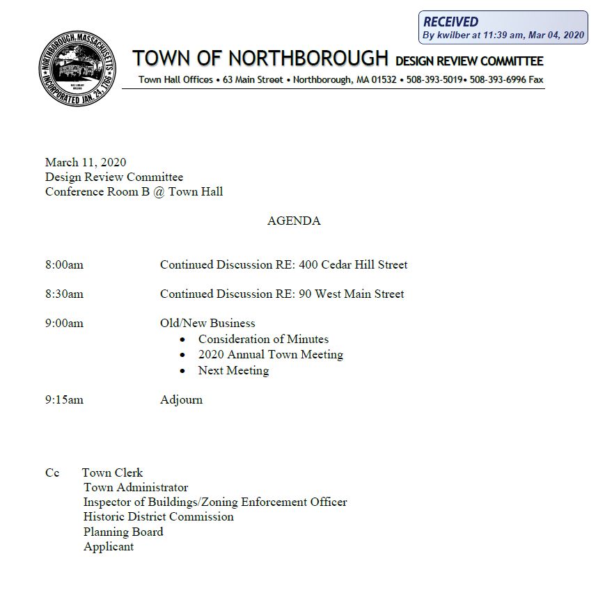 this is the agenda for the 3/11/2020 meeting of northborough's design review committee