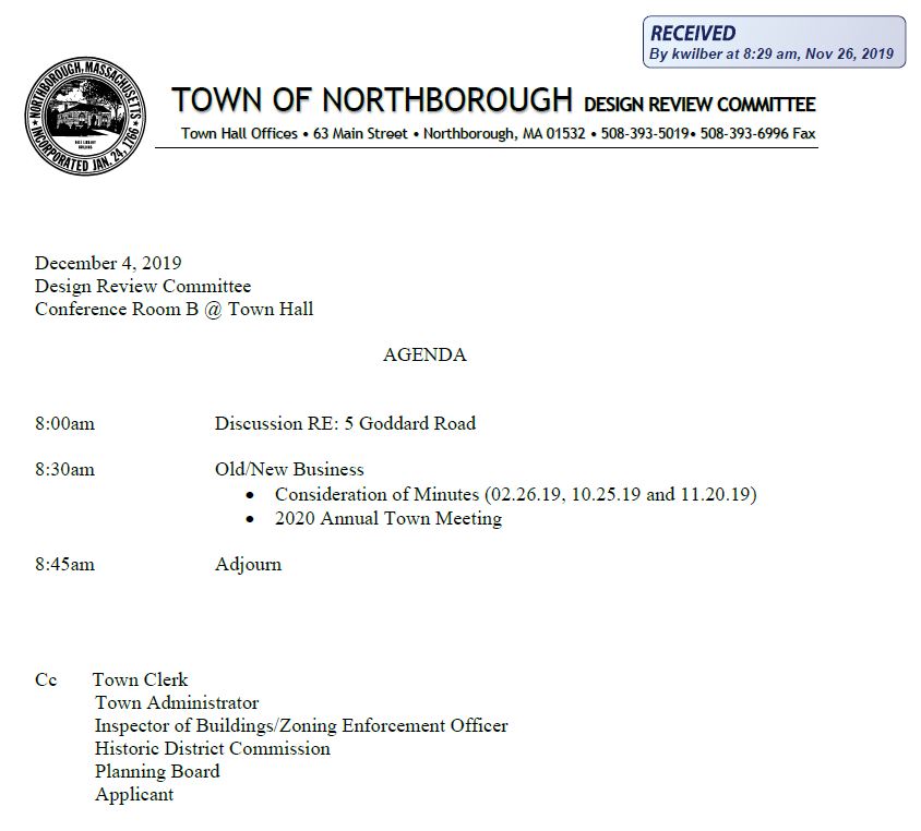 this is the agenda for the december 4, 2019  meeting of the northborough design review committee