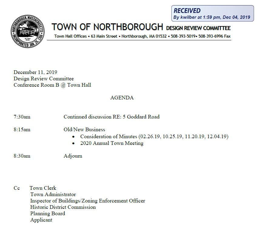 this is the agenda for the december 11, 2019 meeting of the design review committee in northborough, ma