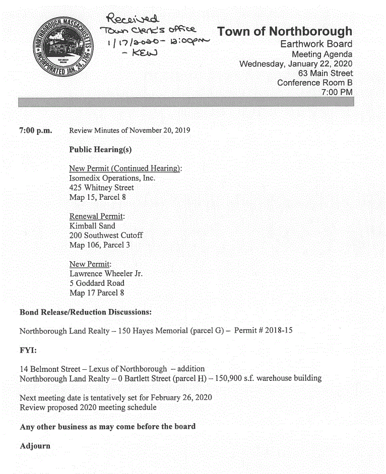 this is the agenda for the january 22, 2020 meeting of the town of northborough's earthwork board